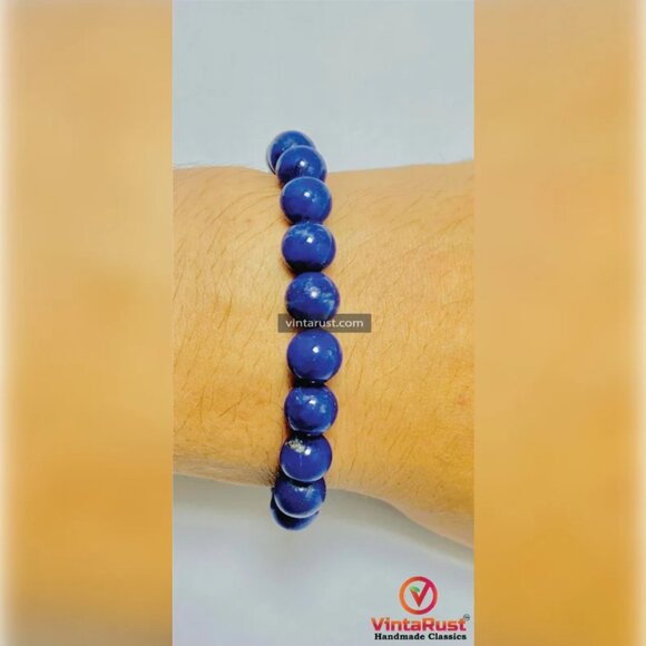 Single Lapis Beaded Bracelet, Lapis Lazuli Stones Beaded Bracelet, Vintage - Picture 1 of 7